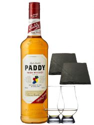 Paddy Irish Whiskey 0,7 Liter + 2 Glencairn Glser und 2 Schiefer Glasuntersetzer 9,5 cm