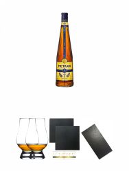 Metaxa 5* Sterne Weinbrand Brandy 0,7 Liter + The Glencairn Glass Whisky Glas Stlzle 2 Stck + Schiefer Glasuntersetzer eckig ca. 9,5 cm  2 Stck + Buffet-Platte Servierplatte Schieferplatte aus Schiefer 60 x 30 cm schwarz