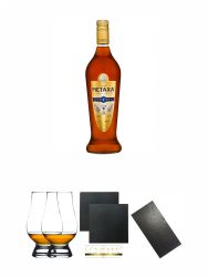 Metaxa 7* Sterne Weinbrand Brandy 1,0 Liter + The Glencairn Glass Whisky Glas Stlzle 2 Stck + Schiefer Glasuntersetzer eckig ca. 9,5 cm  2 Stck + Buffet-Platte Servierplatte Schieferplatte aus Schiefer 60 x 30 cm schwarz
