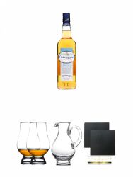 Finlaggan The Original Peaty Islay Single Malt Whisky + The Glencairn Glass Whisky Glas Stlzle 2 Stck + Wasserkrug Half Pint Serie The Glencairn Glass Stlzle + Schiefer Glasuntersetzer eckig ca. 9,5 cm  2 Stck
