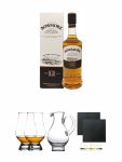Bowmore 12 Jahre Single Malt Whisky 0,35 Liter + The Glencairn Glass Whisky Glas Stlzle 2 Stck + Wasserkrug Half Pint Serie The Glencairn Glass Stlzle + Schiefer Glasuntersetzer eckig ca. 9,5 cm  2 Stck