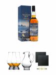 Talisker SKYE Single Malt Whisky 0,7 ltr. + The Glencairn Glass Whisky Glas Stlzle 2 Stck + Wasserkrug Half Pint Serie The Glencairn Glass Stlzle + Schiefer Glasuntersetzer eckig ca. 9,5 cm  2 Stck