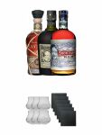 Rum Dreier Set: Botucal 12 Years, Plantation XO und Don Papa 0,7 Liter + Botucal Rum Glser 6 Stck + Schiefer Glasuntersetzer eckig 6 x ca. 9,5 cm Durchmesser
