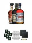 Rum Dreier Set: Botucal 12 Years, Plantation XO und Don Papa 0,7 Liter + Botucal Filzuntersetzer Grn mit Aufdruck 6 Stck + Botucal Rum Glser 6 Stck + Schiefer Glasuntersetzer eckig ca. 9,5 cm  2 Stck