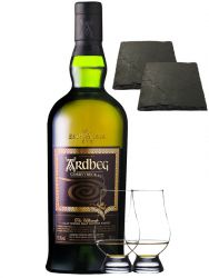Ardbeg Corryvreckan Islay Single Malt Whisky 0,7 Liter + 2 Glencairn Gläser + 2 Schieferuntersetzer quadratisch 9,5 cm
