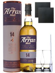Arran 14 Jahre Single Malt Whisky 0,7 Liter + 2 Glencairn Gläser + 2 Schieferuntersetzer quadratisch 9,5 cm + Einwegpipette