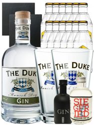Gin-Set The Duke Gin 0,7 Liter + Black Gin 5cl + Siegfried Gin 4cl + 12 x Goldberg Tonic Water 0,2 Liter + 2 Schieferuntersetzer quadratisch 9,5 cm + 2 x The Duke Glas 0,3 Liter
