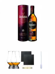 Glenfiddich 15 Jahre Single Malt Whisky 0,7 Liter + The Glencairn Glass Whisky Glas Stlzle 2 Stck + Schiefer Glasuntersetzer eckig ca. 9,5 cm  2 Stck + Einweg-Pipette 1 Stck