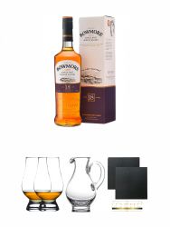 Bowmore 18 Jahre Islay Single Malt Whisky 0,7 Liter + The Glencairn Glass Whisky Glas Stlzle 2 Stck + Wasserkrug Half Pint Serie The Glencairn Glass Stlzle + Schiefer Glasuntersetzer eckig ca. 9,5 cm  2 Stck