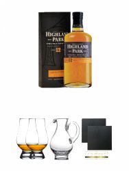 Highland Park 12 Jahre Single Malt Whisky Islands 0,7 Liter + The Glencairn Glass Whisky Glas Stlzle 2 Stck + Wasserkrug Half Pint Serie The Glencairn Glass Stlzle + Schiefer Glasuntersetzer eckig ca. 9,5 cm  2 Stck