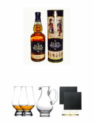 Glen Moray 16 Jahre Single Malt Whisky 0,7 Liter + The Glencairn Glass Whisky Glas Stlzle 2 Stck + Wasserkrug Half Pint Serie The Glencairn Glass Stlzle + Schiefer Glasuntersetzer eckig ca. 9,5 cm  2 Stck