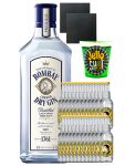 Bombay Original Dry Gin WHITE 0,7 Liter + Jello Shot Waldmeister Wackelpudding mit Wodka 42 Gramm Becher + Thomas Henry Tonic Water 24 x 0,2 Liter + Schiefer Glasuntersetzer eckig ca. 9,5 cm Ø 2 Stück