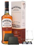 Bowmore 15 Jahre Sherry Cask Finish 0,7 Liter + 2 Glencairn Gläser + 2 Schieferuntersetzer quadratisch 9,5 cm