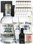 Gin-Set The Duke Gin 0,7 Liter + Black Gin 5cl + Siegfried Gin 4cl + 12 x Goldberg Tonic Water 0,2 Liter + 2 Schieferuntersetzer quadratisch 9,5 cm + 2 x The Duke Glas 0,3 Liter