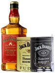 Jack Daniels FIRE 0,7 Liter + 300g JD`s HONEY Fudge & 300g JD`s Whisky Malt Fudge + 2 Glencairn Gläser und Einwegpipette