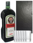 Jägermeister SET 1 x  1,75 Liter + 6 x 4cl Frozen Club Shot Gläser + 1 x Schiefer Servierplatte (ohne Griffe)