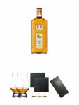 Asbach A & A 0,7 Liter + The Glencairn Glass Whisky Glas Stölzle 2 Stück + Schiefer Glasuntersetzer eckig ca. 9,5 cm Ø 2 Stück + Buffet-Platte Servierplatte Schieferplatte aus Schiefer 60 x 30 cm schwarz
