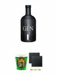 Black Gin Gansloser Deutschland 0,7 Liter + Jello Shot Waldmeister Wackelpudding mit Wodka 42 Gramm Becher + Schiefer Glasuntersetzer eckig ca. 9,5 cm Ø 2 Stück