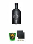 Black Gin Gansloser Deutschland 1,5 Liter + Jello Shot Waldmeister Wackelpudding mit Wodka 42 Gramm Becher + Schiefer Glasuntersetzer eckig ca. 9,5 cm Ø 2 Stück