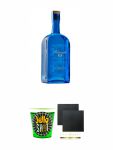 Bluecoat American Dry Gin 0,7 Liter + Jello Shot Waldmeister Wackelpudding mit Wodka 42 Gramm Becher + Schiefer Glasuntersetzer eckig ca. 9,5 cm Ø 2 Stück