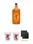 Fireball Whisky Zimt Likör Kanada 0,7 Liter + Fireball SHOT Gläser mit Schriftzug 1 Stück + Fireball SHOT Gläser mit Schriftzug 1 Stück + Schiefer Glasuntersetzer eckig ca. 9,5 cm Ø 2 Stück